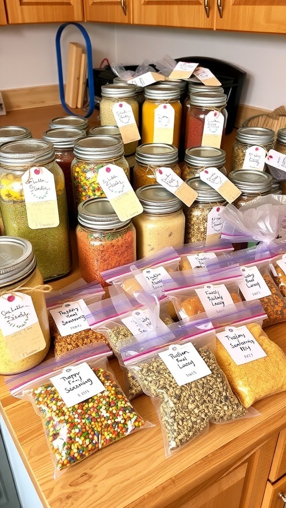 Colorful homemade seasoning mixes in glass jars and resealable bags on a kitchen counter.